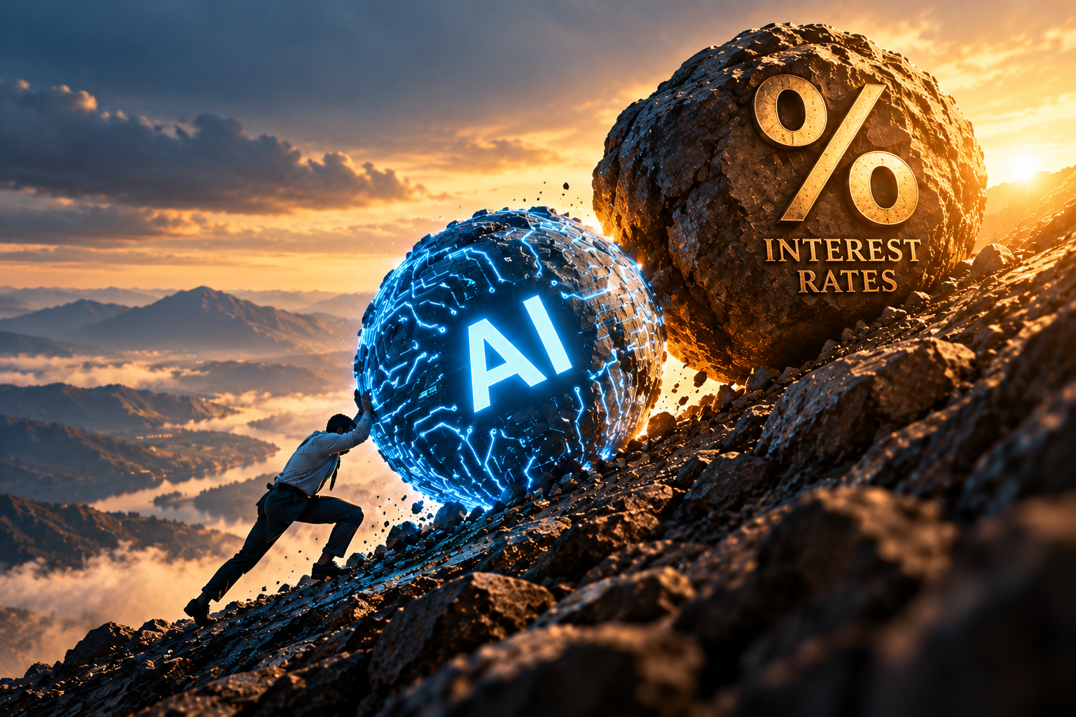 AI versus interest rates on a mountain, illustrating the 4Q26 market outlook theme